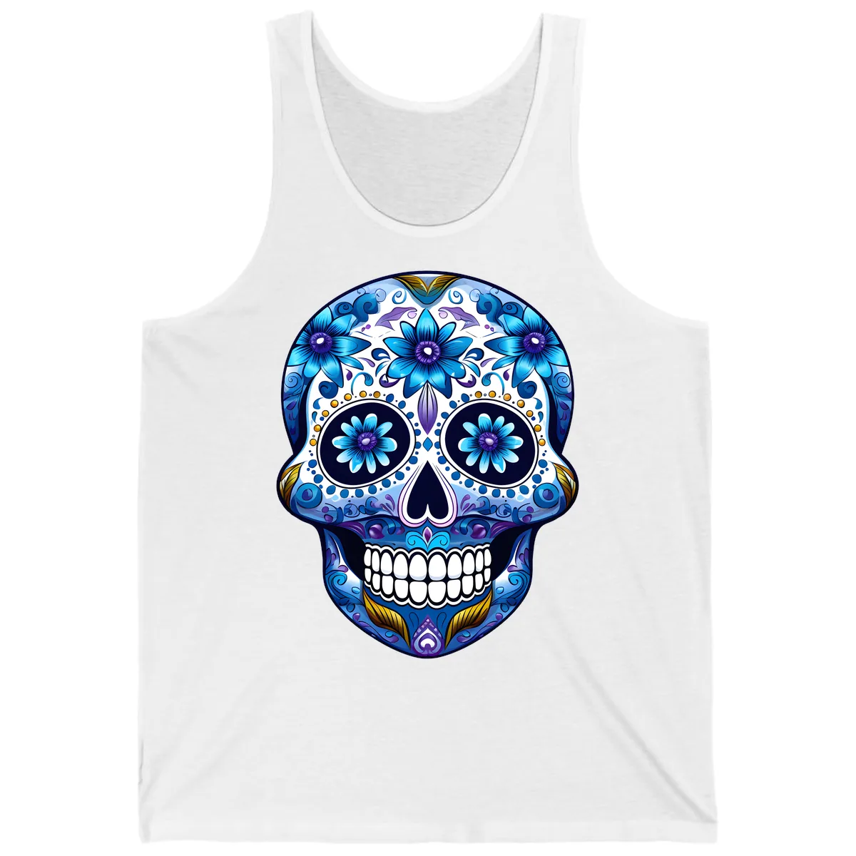 Vibrant Blue Floral Day of the Dead Calavera Tank in White
