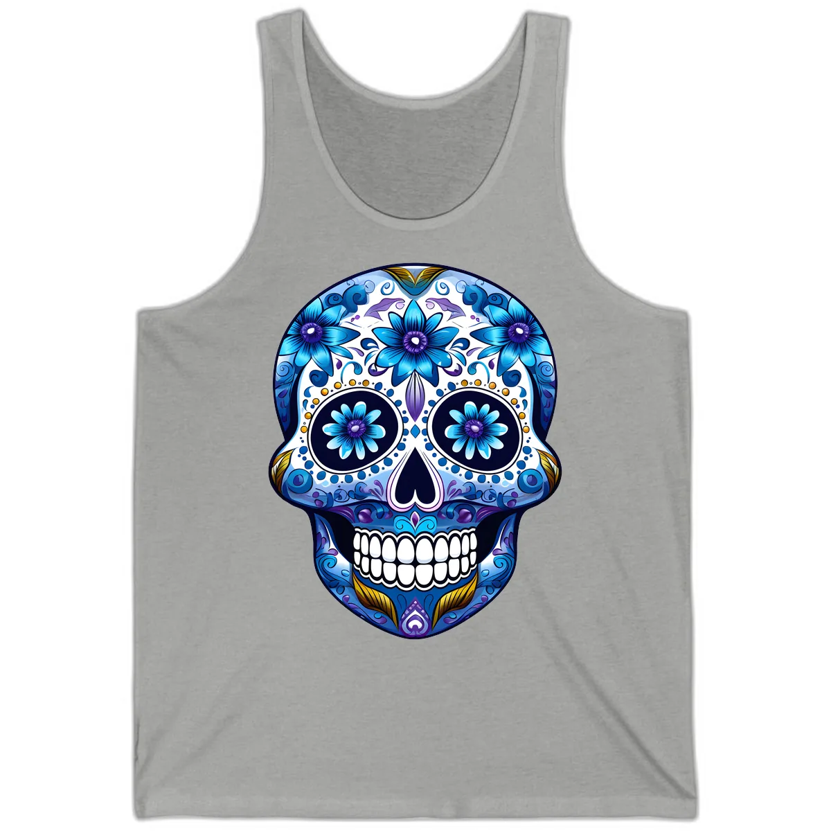Vibrant Blue Floral Day of the Dead Calavera Tank in Athletic Heather