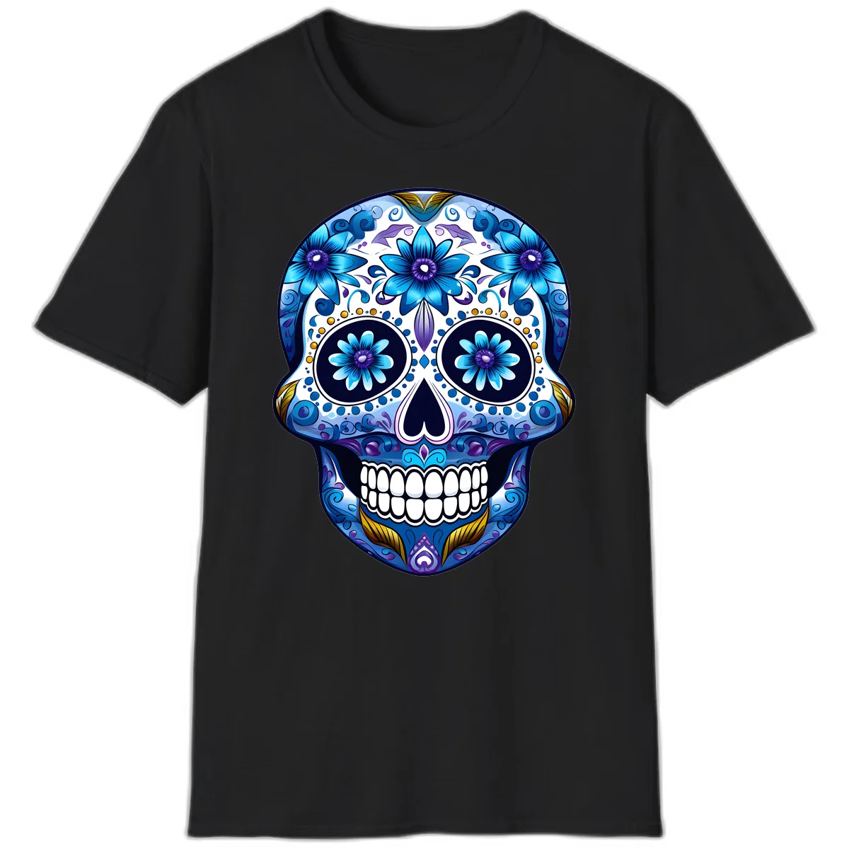 Vibrant Blue Floral Day of the Dead Calavera T-Shirt in Black