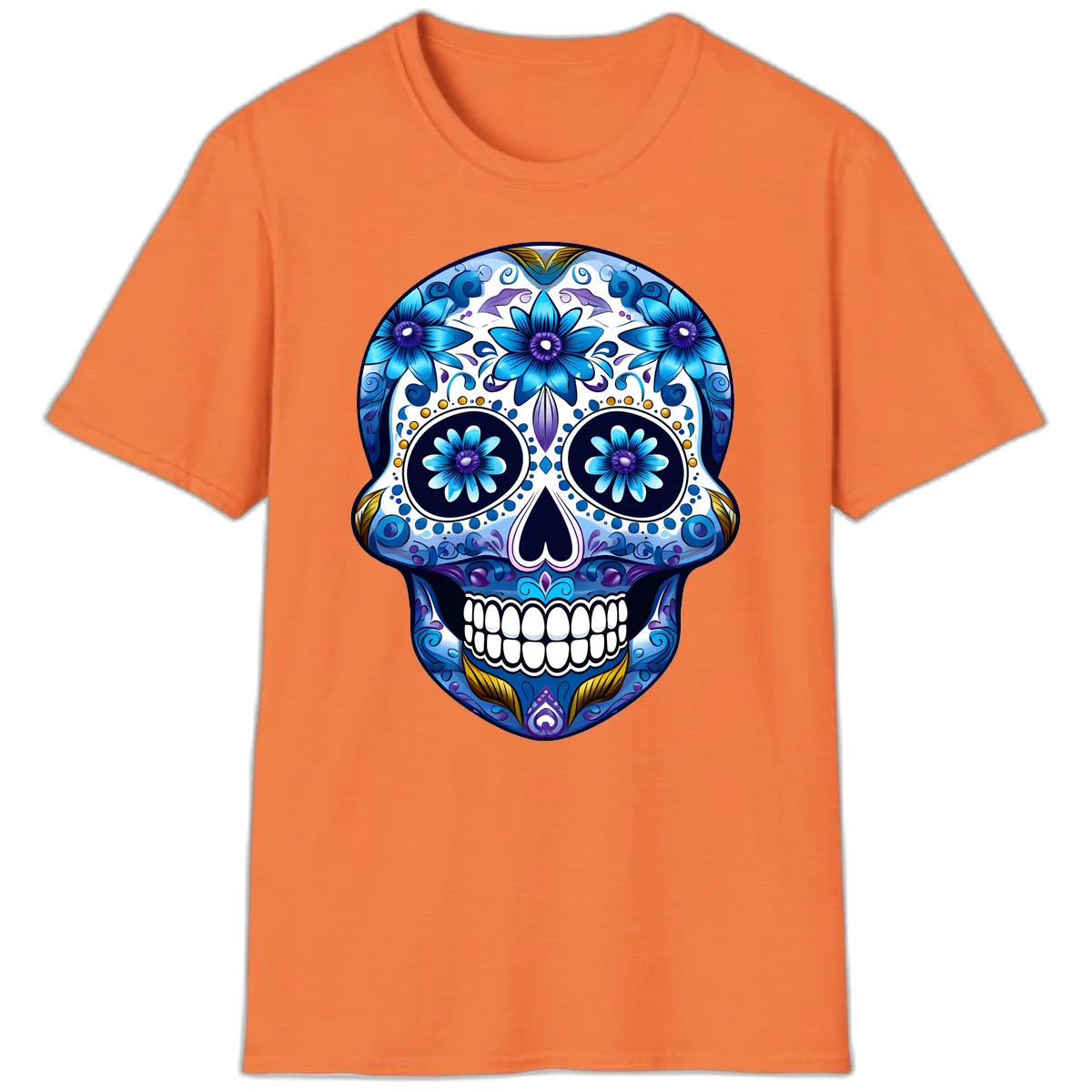 Vibrant Blue Floral Day of the Dead Calavera T-Shirt in Heather Orange