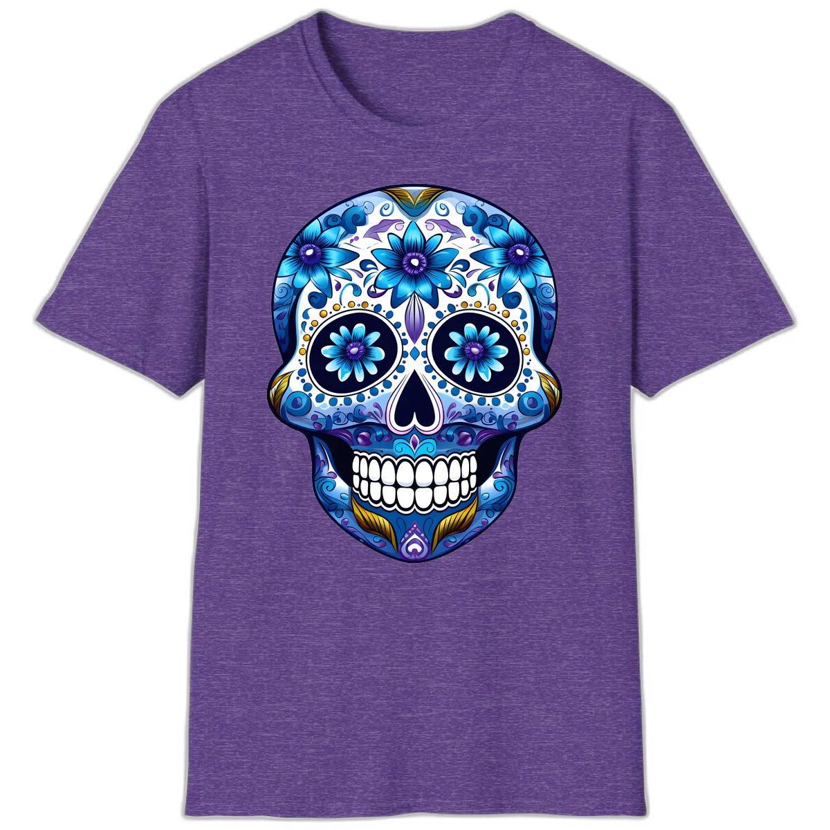 Vibrant Blue Floral Day of the Dead Calavera T-Shirt in Heather Purple