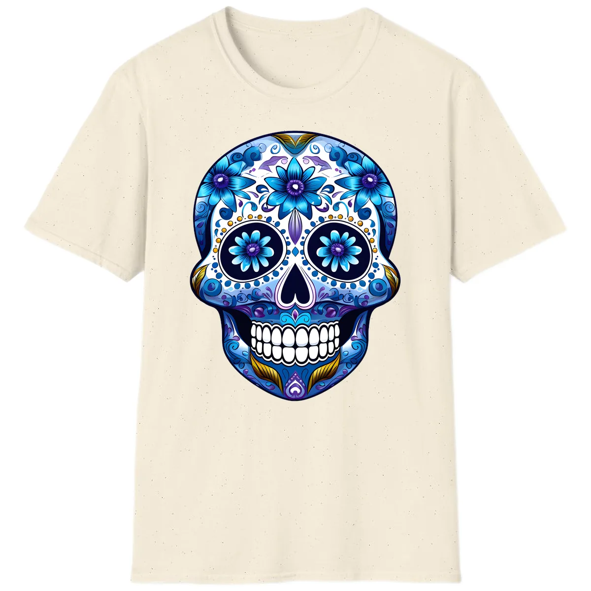 Vibrant Blue Floral Day of the Dead Calavera T-Shirt in Natural