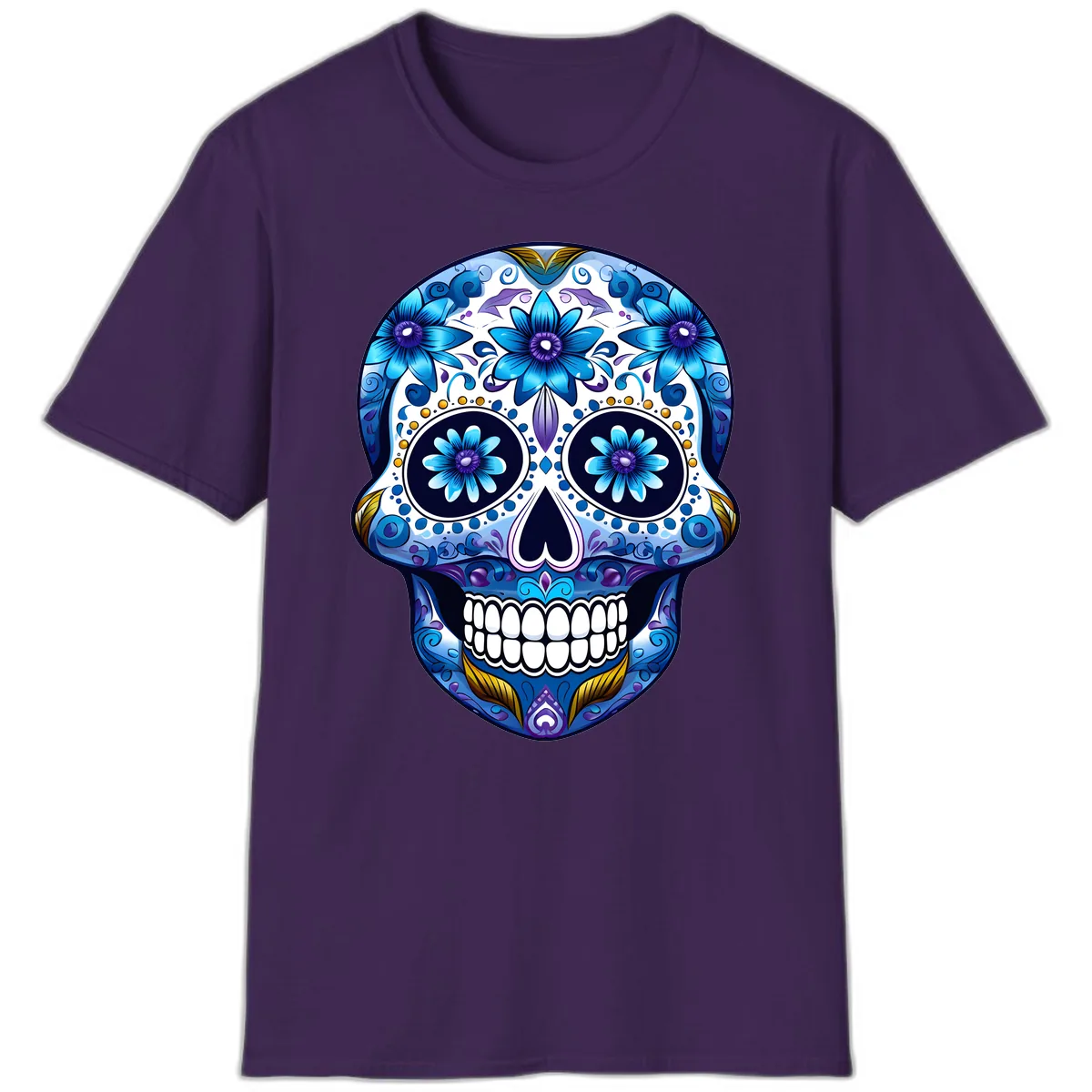 Vibrant Blue Floral Day of the Dead Calavera T-Shirt in Purple