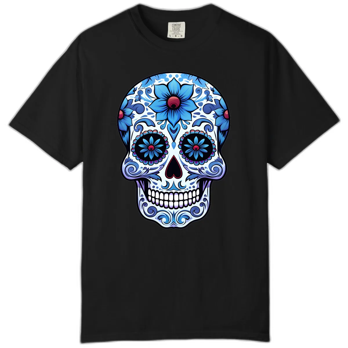 Ornate Blue Calavera Floral Skull Art Comfort Color in Black