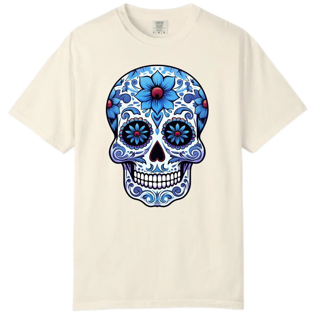 Ornate Blue Calavera Floral Skull Art Comfort Color in Ivory