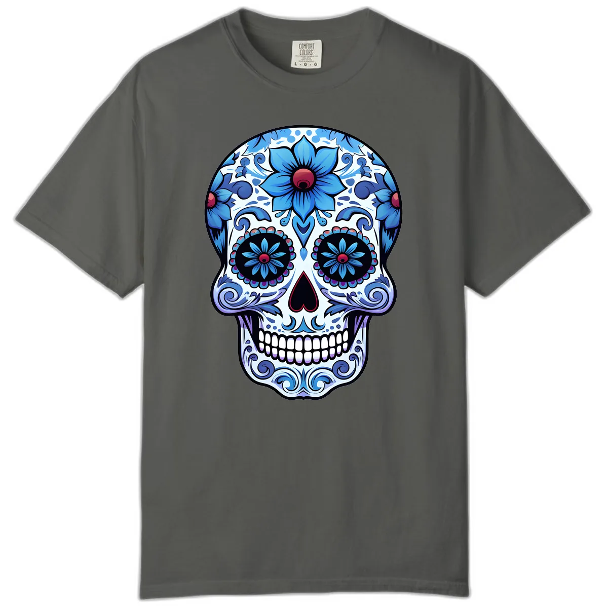 Ornate Blue Calavera Floral Skull Art Comfort Color in Pepper