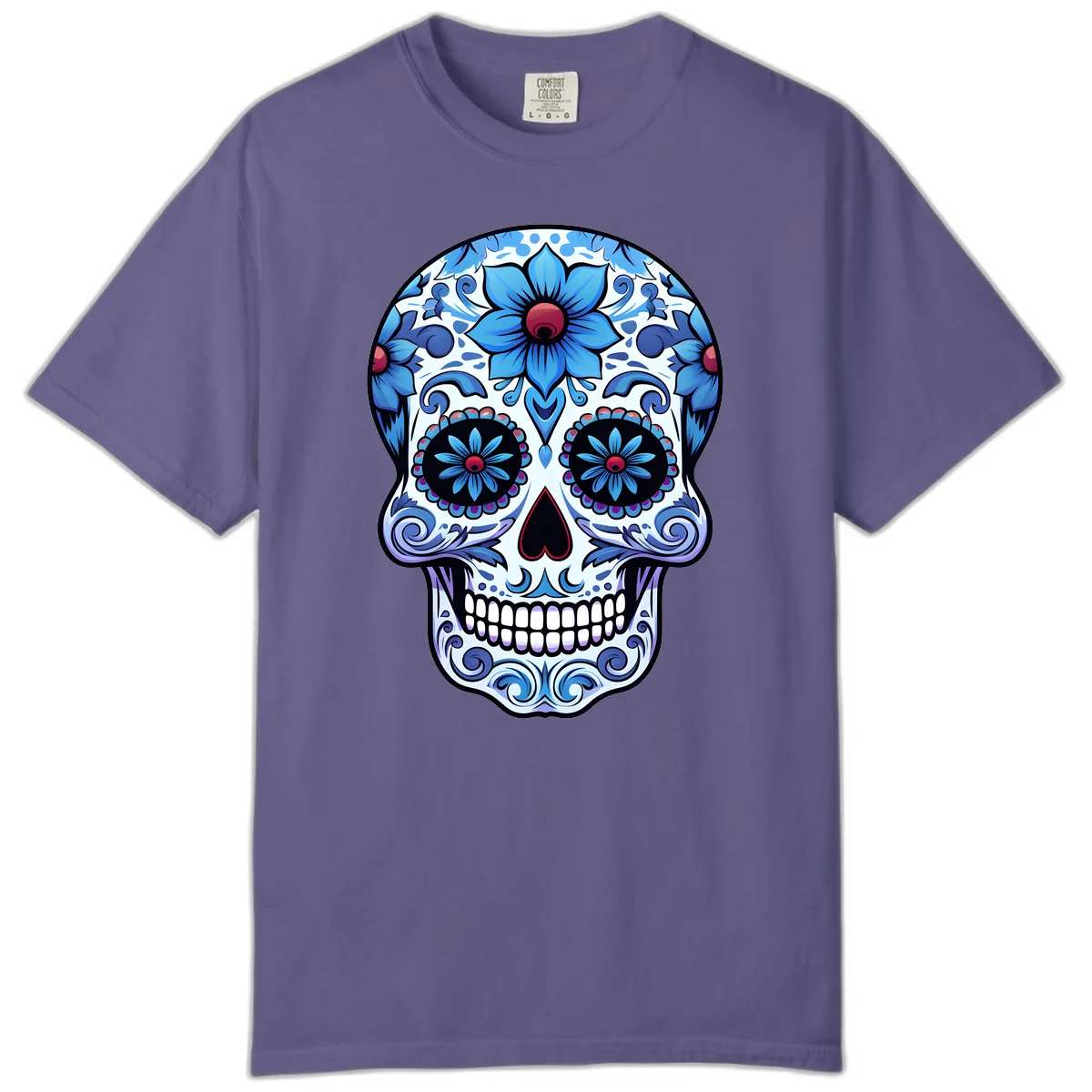 Ornate Blue Calavera Floral Skull Art Comfort Color in Grape
