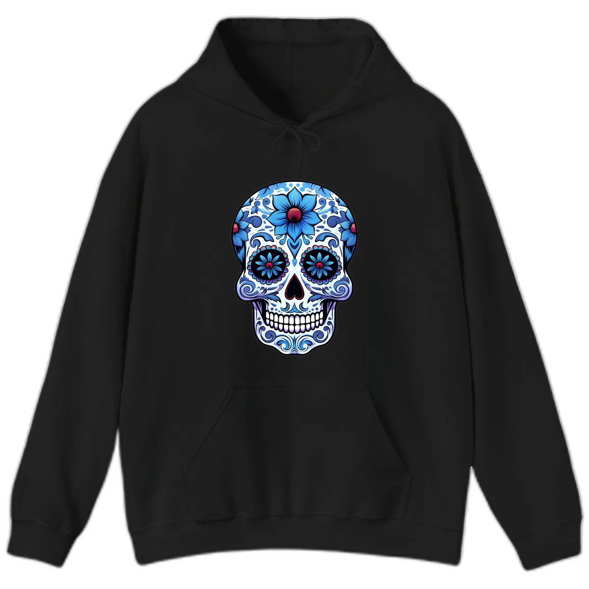 Ornate Blue Calavera Floral Skull Art Hoodie in Black