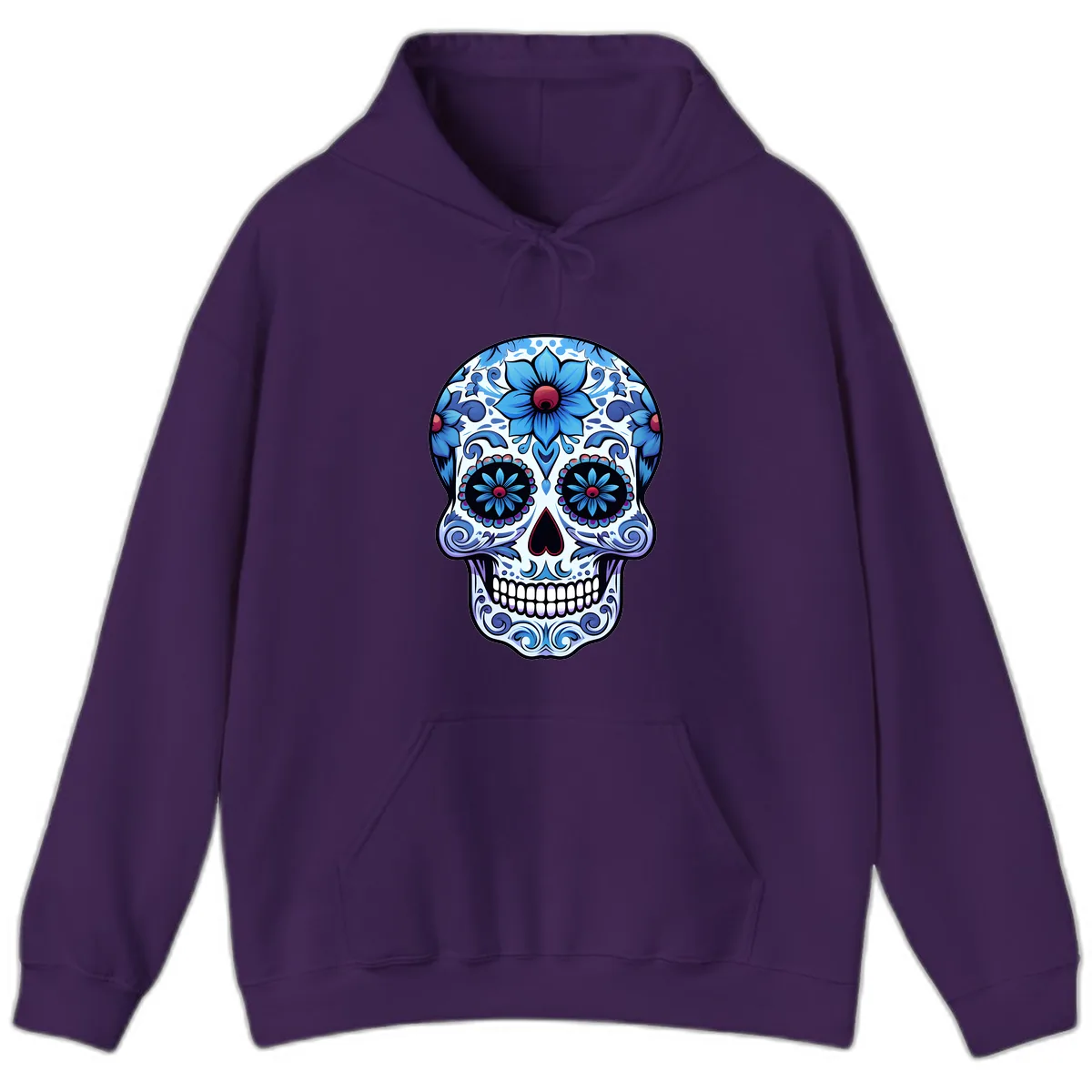 Ornate Blue Calavera Floral Skull Art Hoodie in Purple