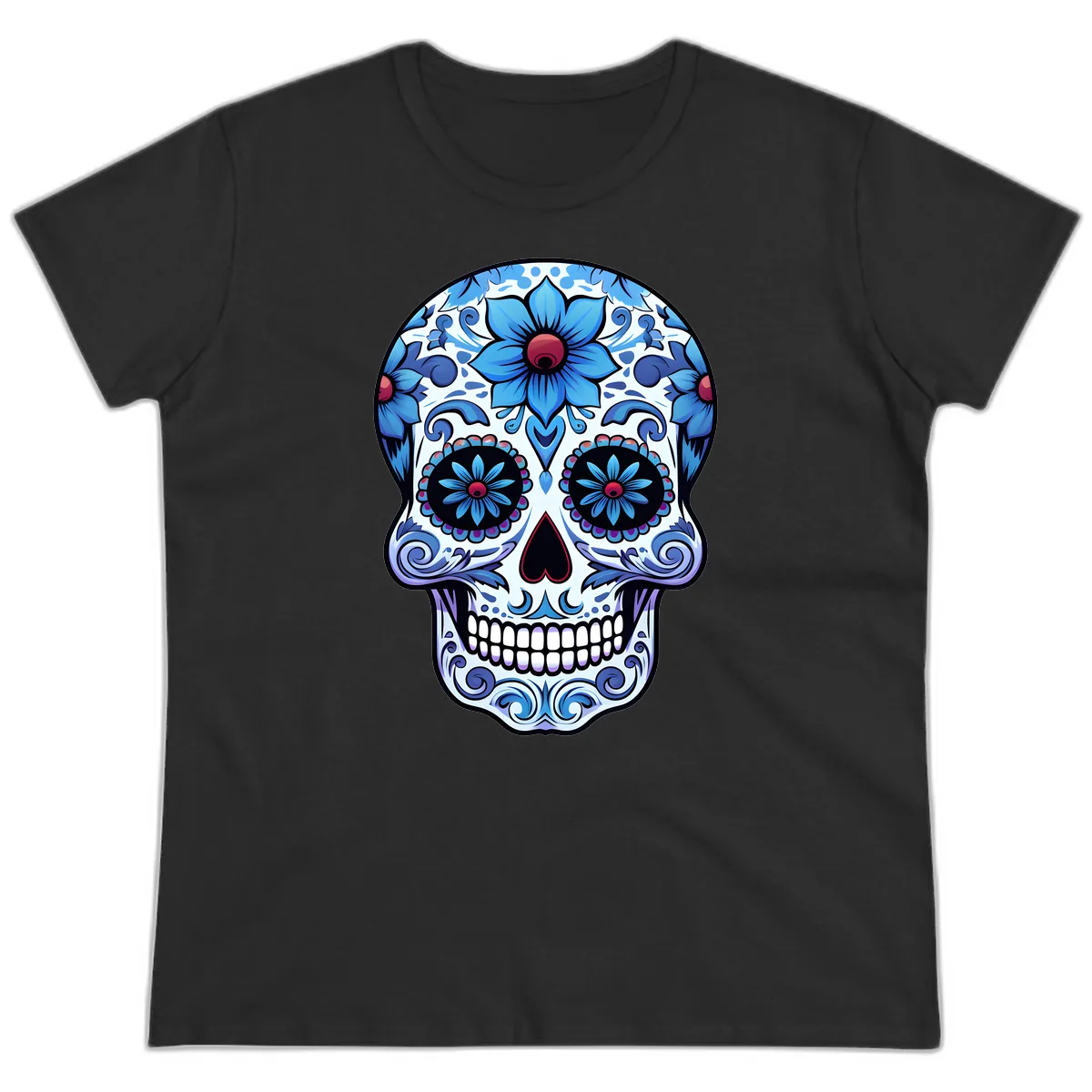 Ornate Blue Calavera Floral Skull Art Ladies Tee in Black