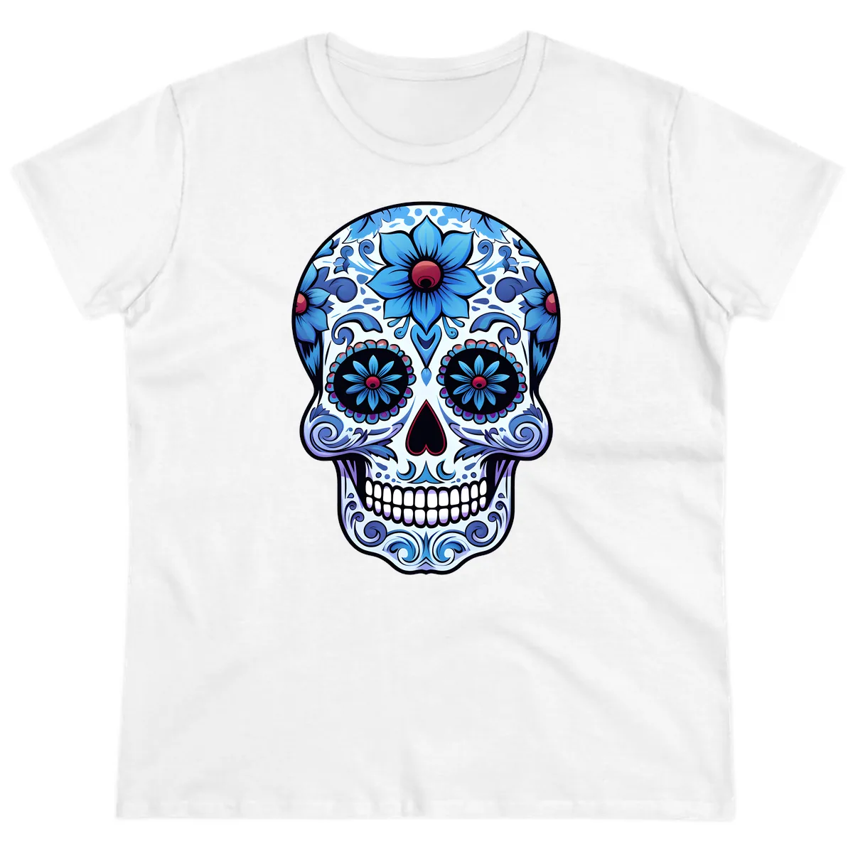 Ornate Blue Calavera Floral Skull Art Ladies Tee in White