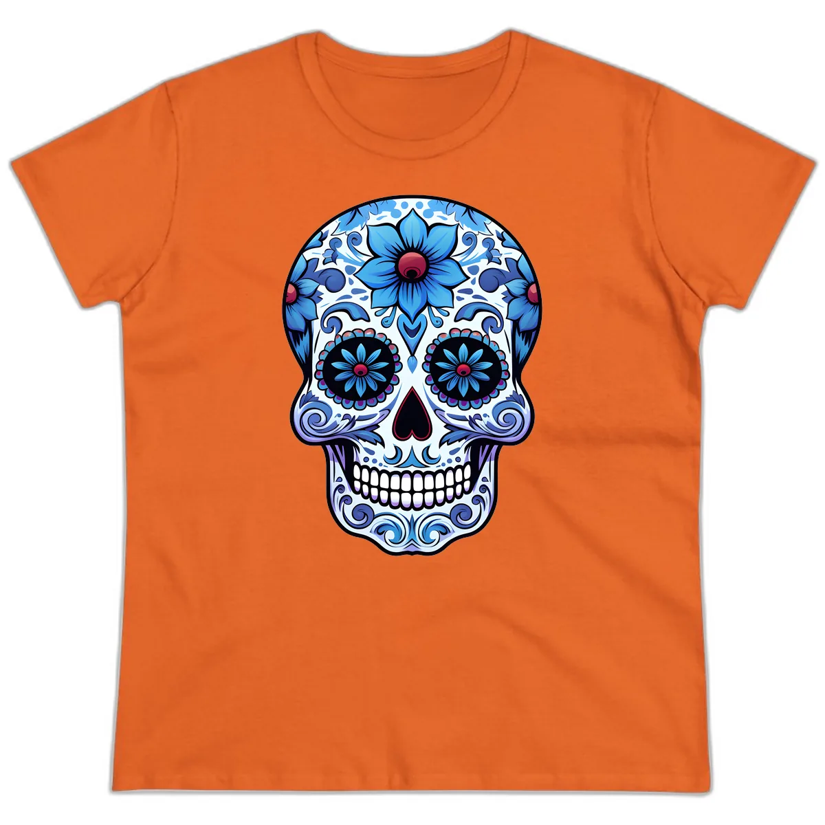 Ornate Blue Calavera Floral Skull Art Ladies Tee in Orange