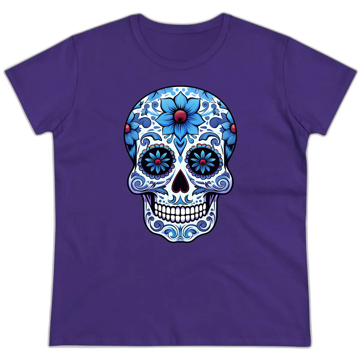 Ornate Blue Calavera Floral Skull Art Ladies Tee in Purple