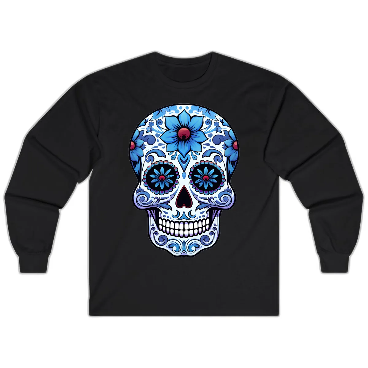 Ornate Blue Calavera Floral Skull Art Long Sleeve in Black
