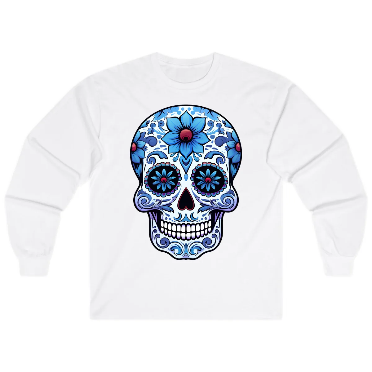 Ornate Blue Calavera Floral Skull Art Long Sleeve in White