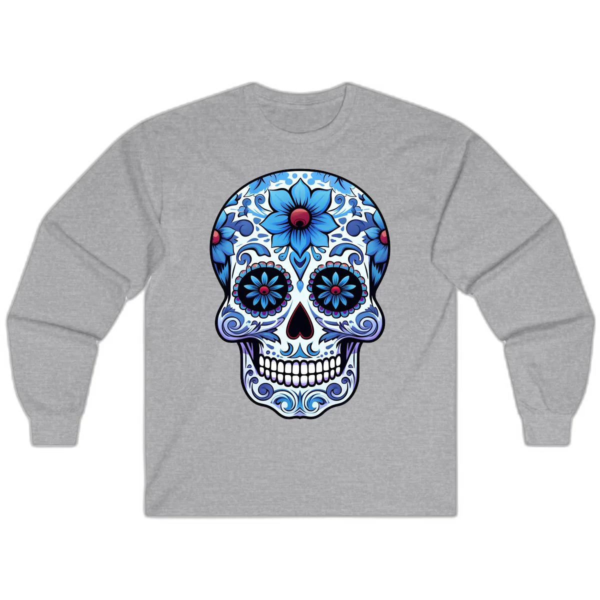Ornate Blue Calavera Floral Skull Art Long Sleeve in Sport Grey