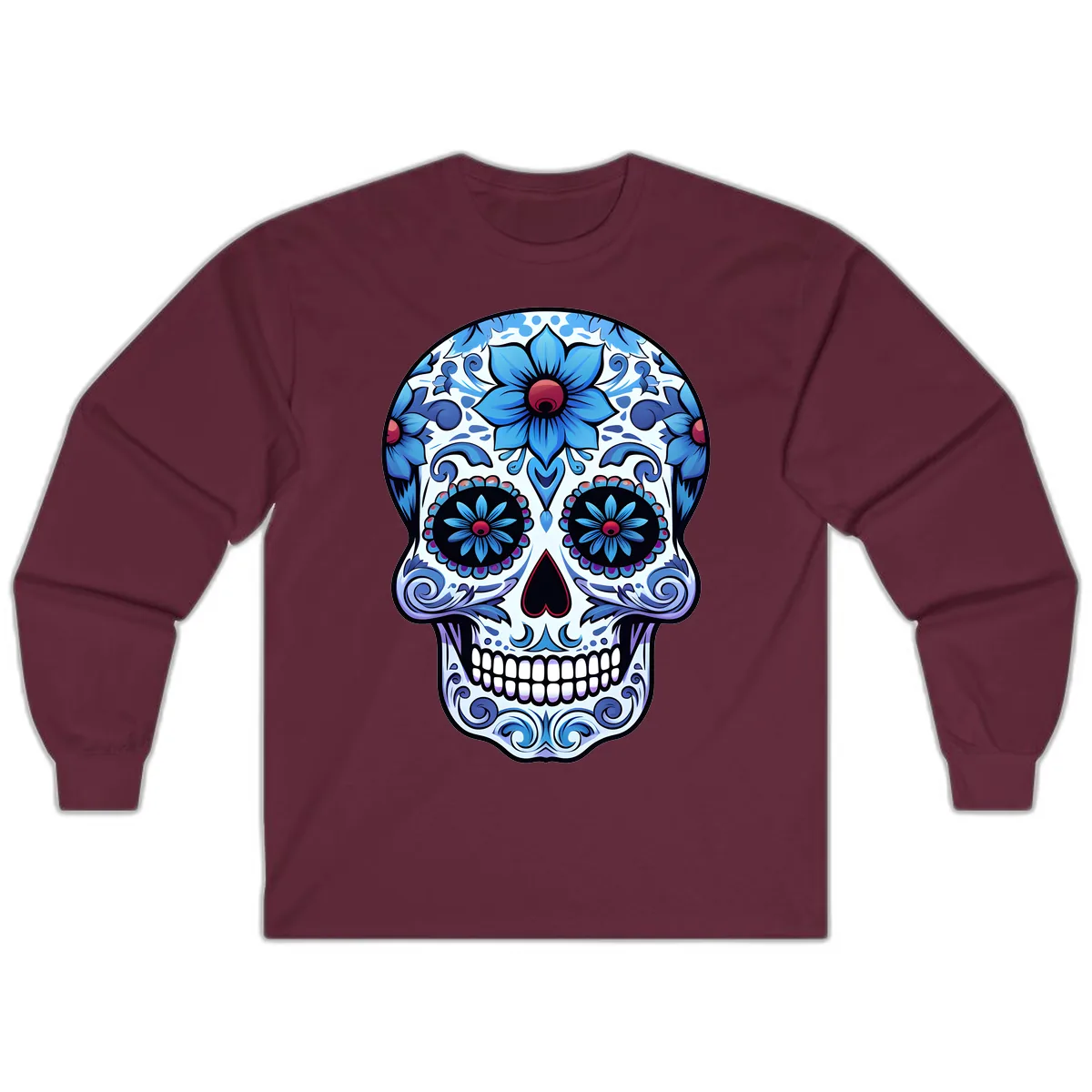 Ornate Blue Calavera Floral Skull Art Long Sleeve in Maroon