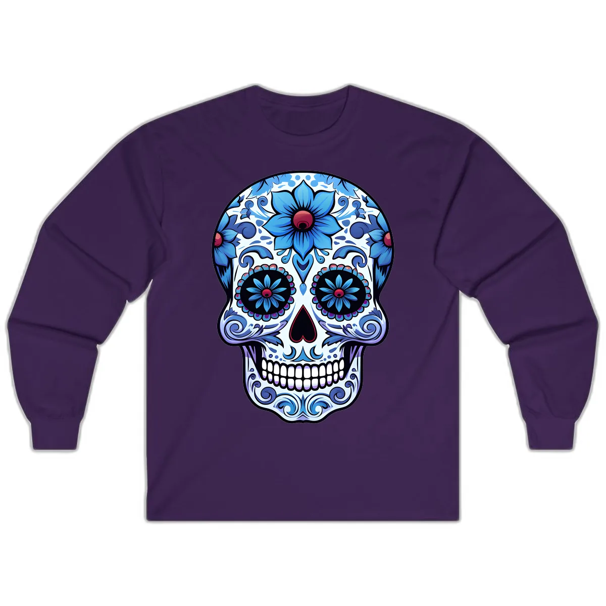 Ornate Blue Calavera Floral Skull Art Long Sleeve in Purple