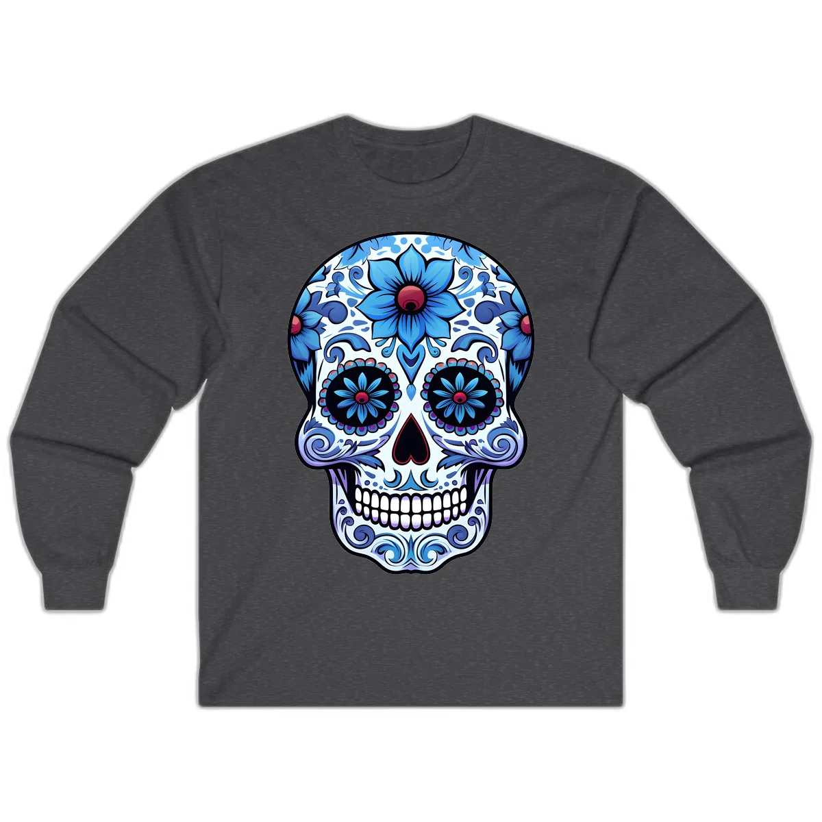 Ornate Blue Calavera Floral Skull Art Long Sleeve in Dark Heather