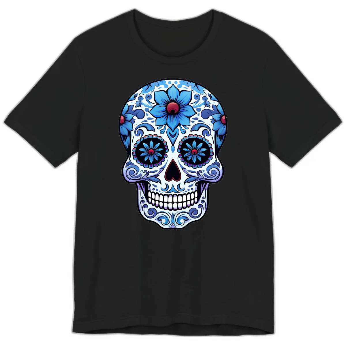 Ornate Blue Calavera Floral Skull Art Premium T-Shirt in Black