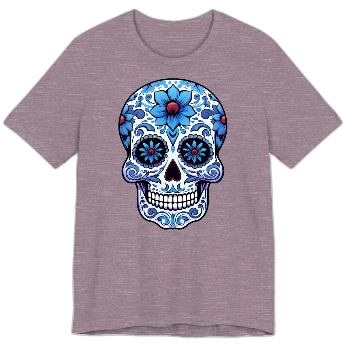 Ornate Blue Calavera Floral Skull Art Premium T-Shirt in Heather Purple