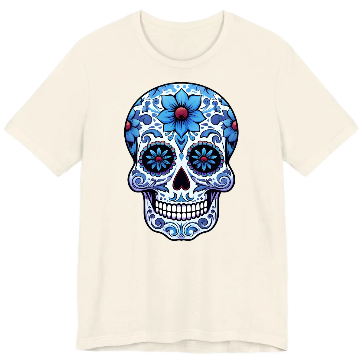 Ornate Blue Calavera Floral Skull Art Premium T-Shirt in Natural