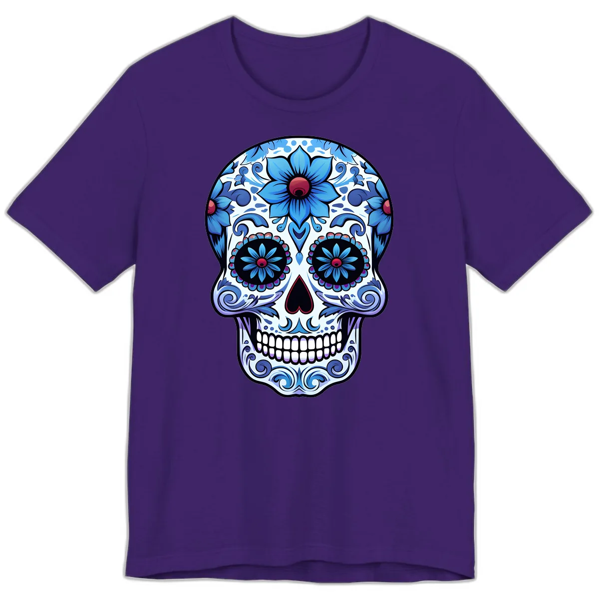 Ornate Blue Calavera Floral Skull Art Premium T-Shirt in Team Purple