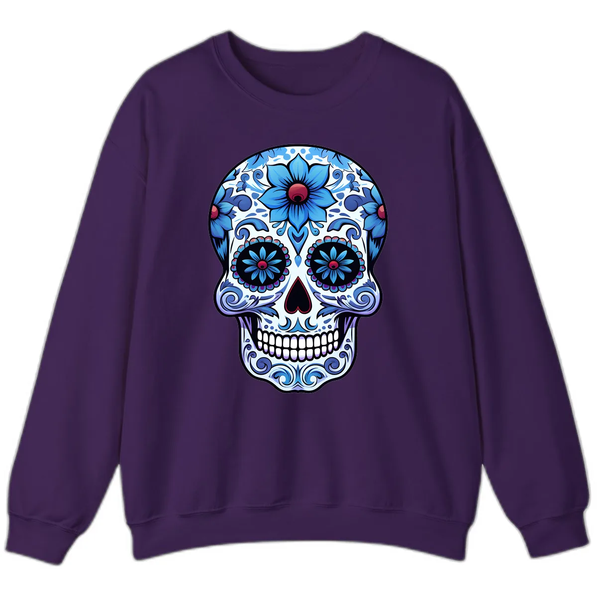 Ornate Blue Calavera Floral Skull Art Sweatshirt in Purple