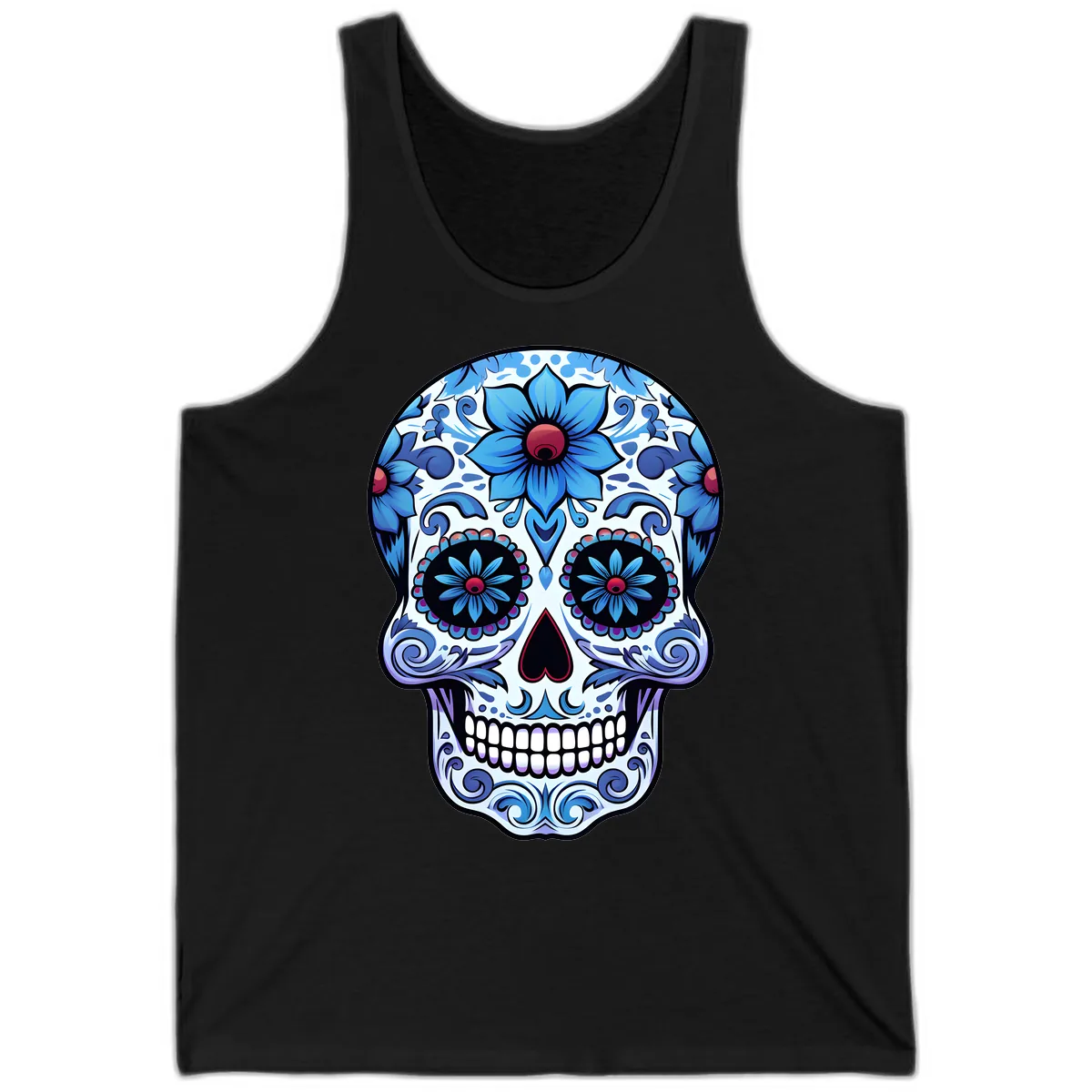 Ornate Blue Calavera Floral Skull Art Tank in Black