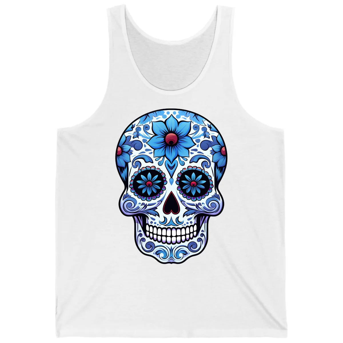 Ornate Blue Calavera Floral Skull Art Tank in White
