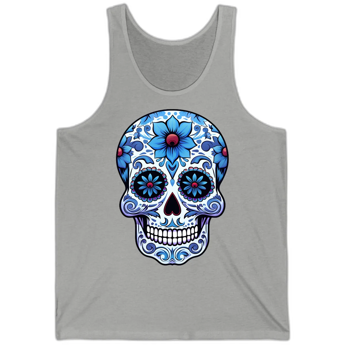 Ornate Blue Calavera Floral Skull Art Tank in Athletic Heather