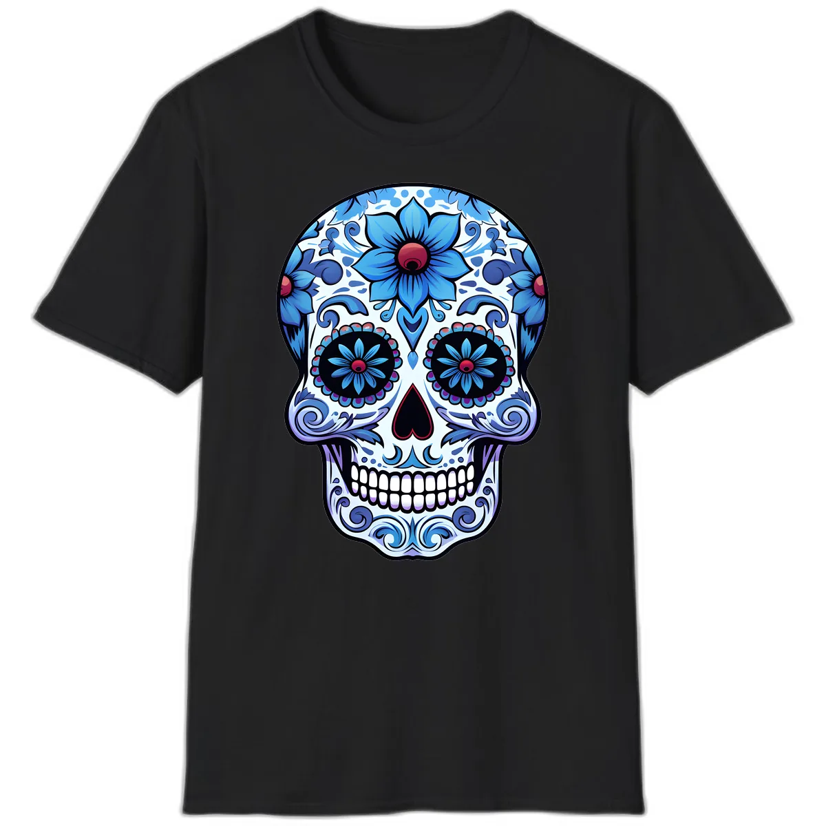 Ornate Blue Calavera Floral Skull Art T-Shirt in Black