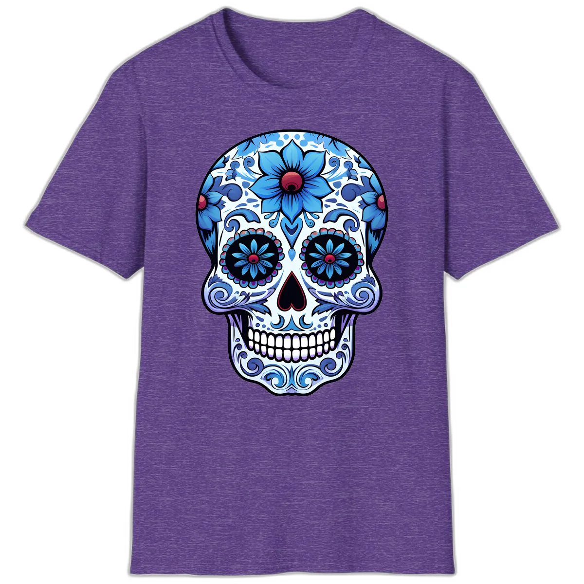 Ornate Blue Calavera Floral Skull Art T-Shirt in Heather Purple
