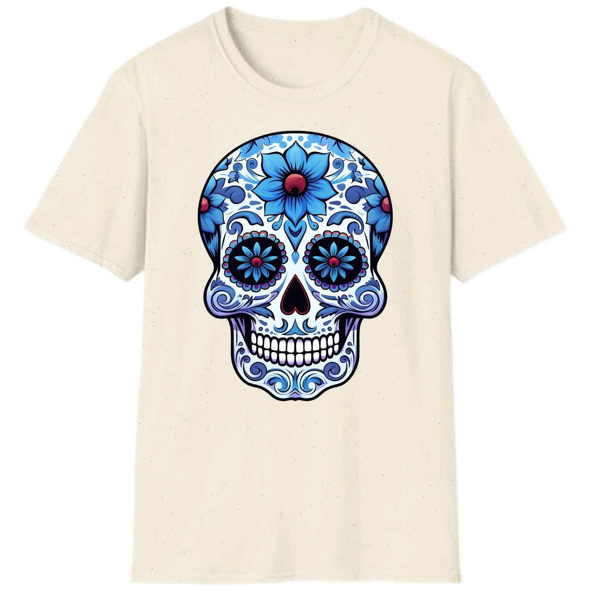 Ornate Blue Calavera Floral Skull Art T-Shirt in Natural