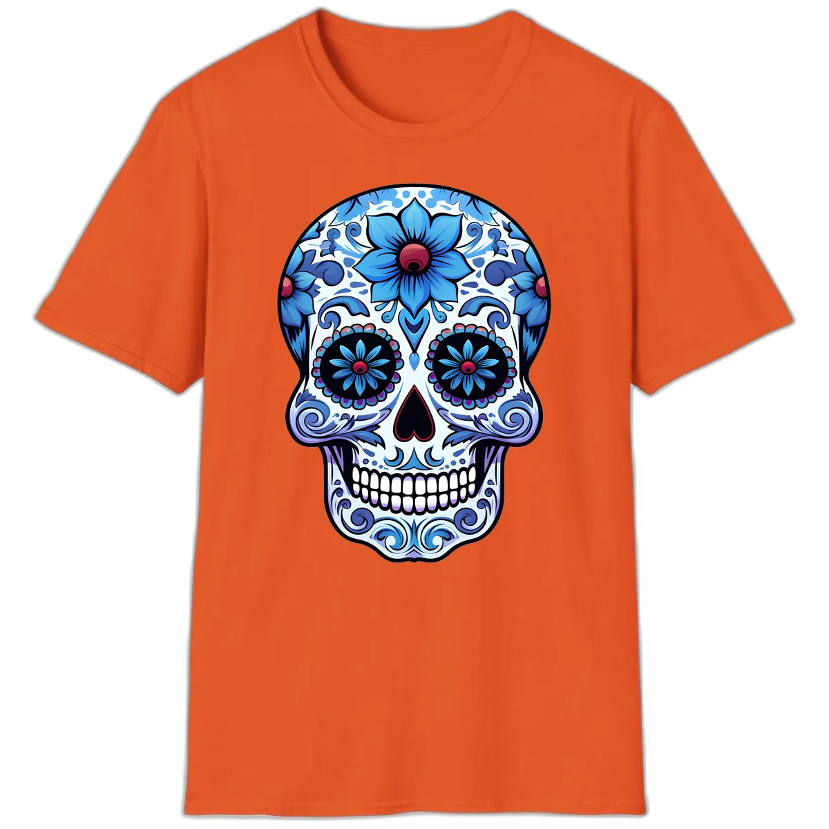 Ornate Blue Calavera Floral Skull Art T-Shirt in Orange