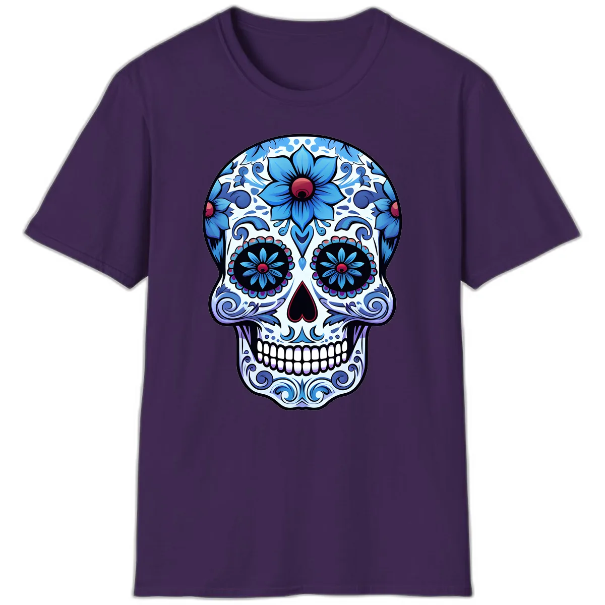Ornate Blue Calavera Floral Skull Art T-Shirt in Purple