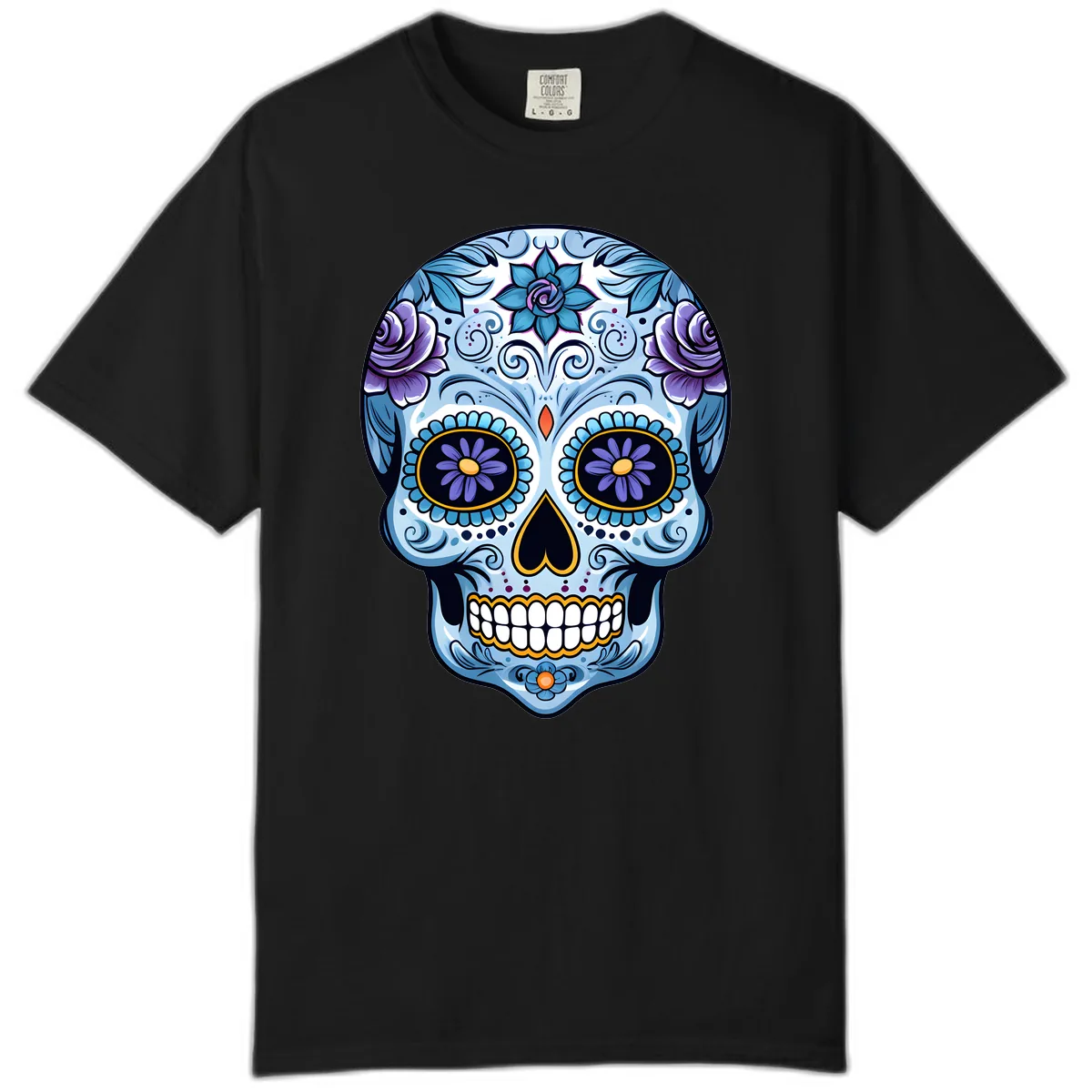 Ornate Blue and Purple Floral Calavera Sugar Skull Comfort Color in Black