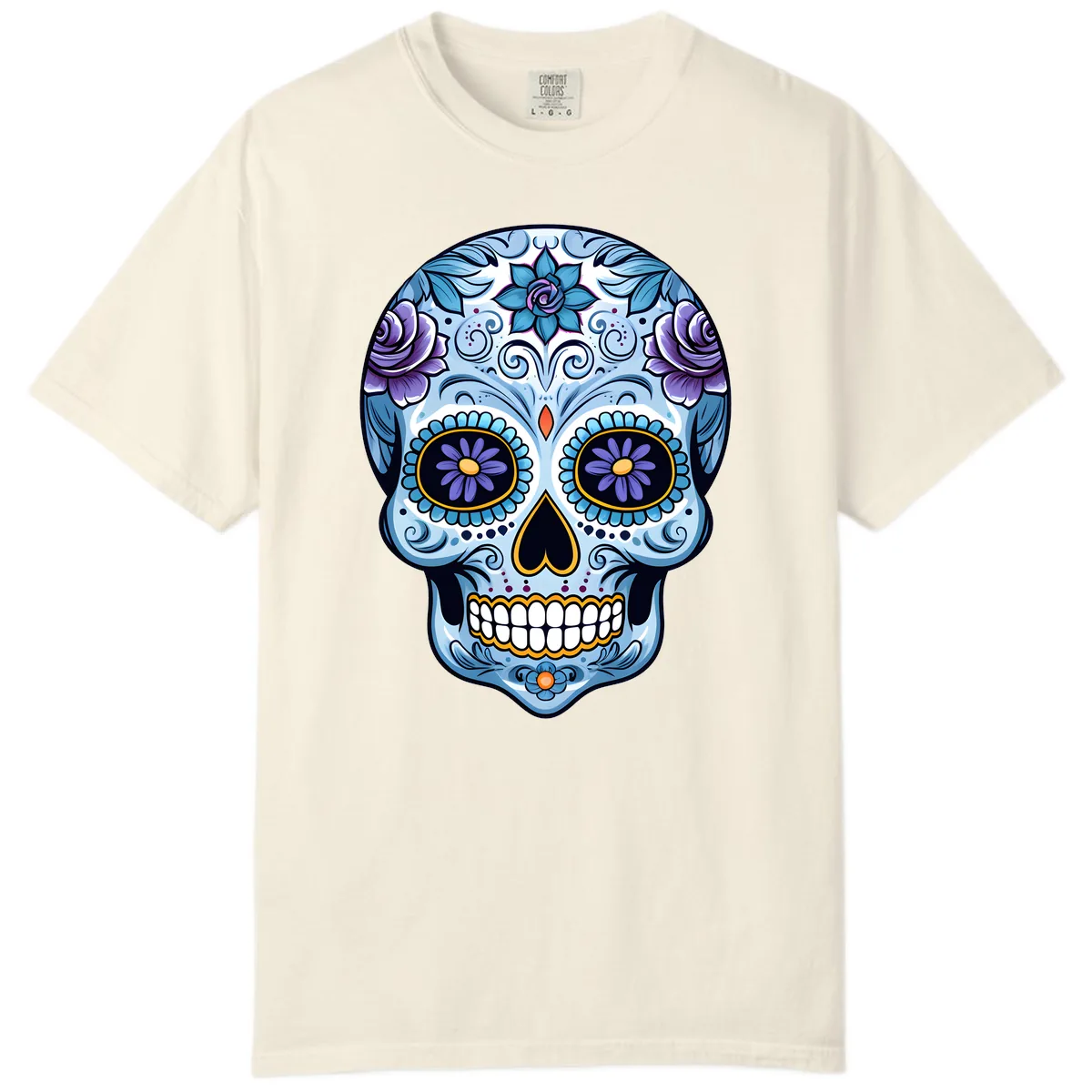 Ornate Blue and Purple Floral Calavera Sugar Skull Comfort Color in Ivory