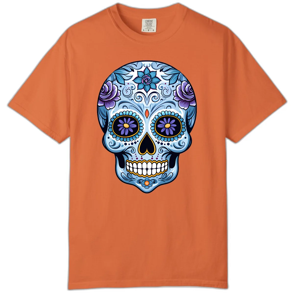Ornate Blue and Purple Floral Calavera Sugar Skull Comfort Color in Burnt Orange