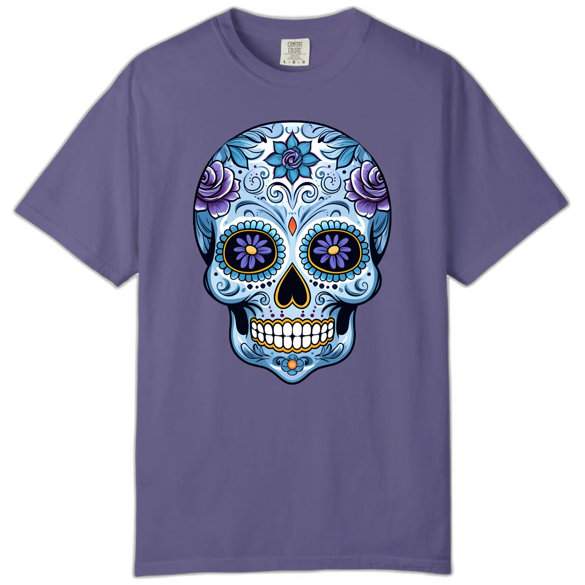Ornate Blue and Purple Floral Calavera Sugar Skull Comfort Color in Grape