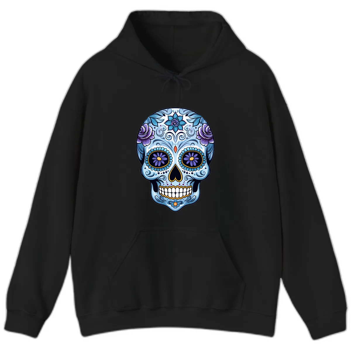 Ornate Blue and Purple Floral Calavera Sugar Skull Hoodie in Black