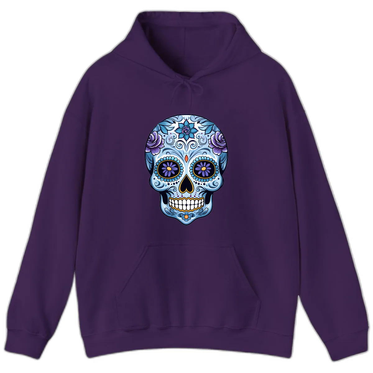 Ornate Blue and Purple Floral Calavera Sugar Skull Hoodie in Purple