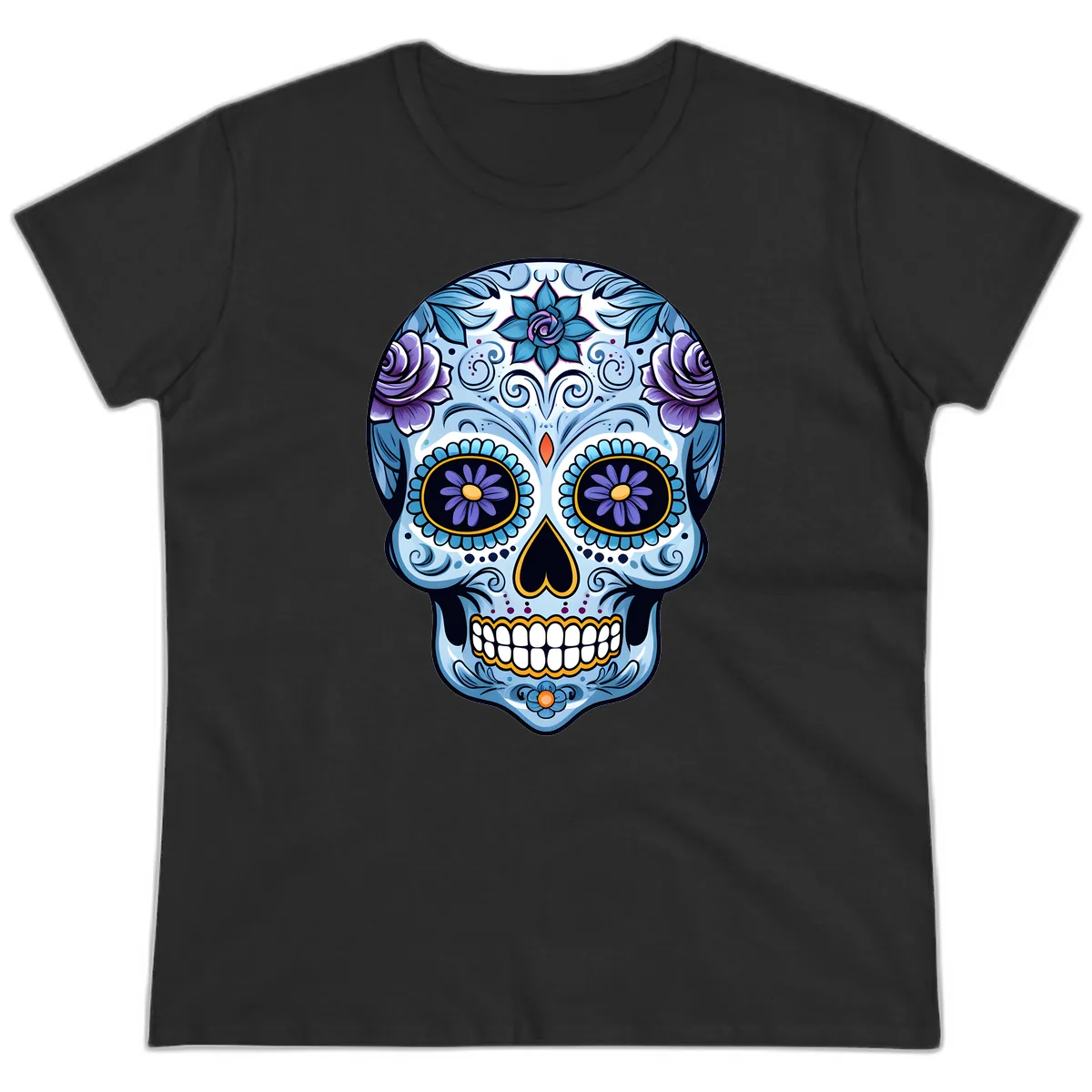 Ornate Blue and Purple Floral Calavera Sugar Skull Ladies Tee in Black