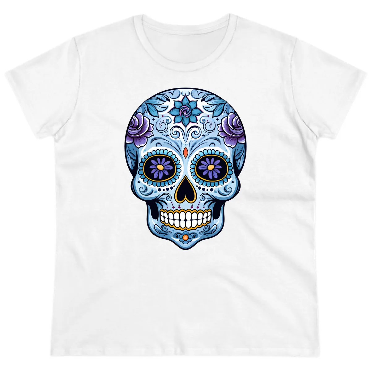 Ornate Blue and Purple Floral Calavera Sugar Skull Ladies Tee in White