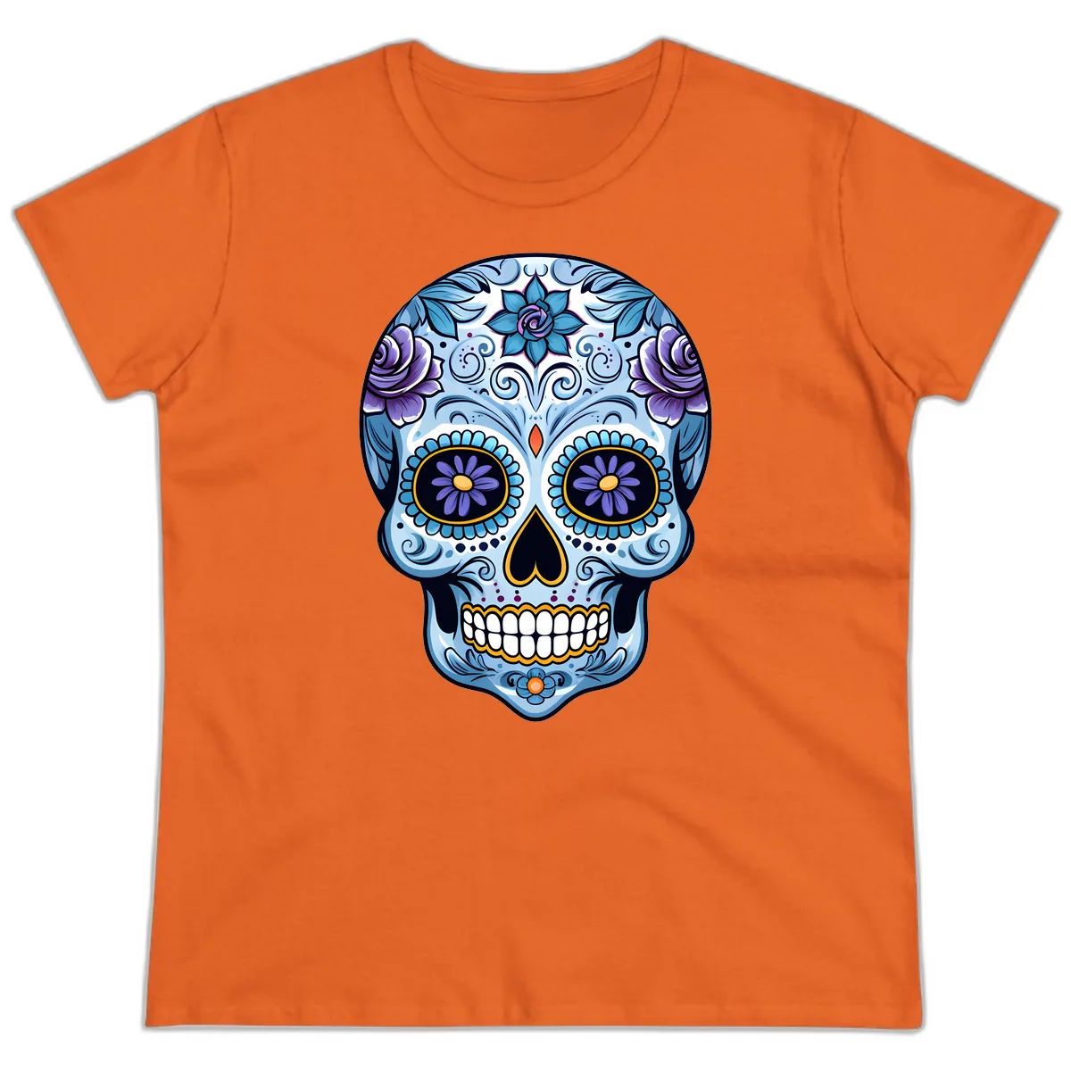 Ornate Blue and Purple Floral Calavera Sugar Skull Ladies Tee in Orange