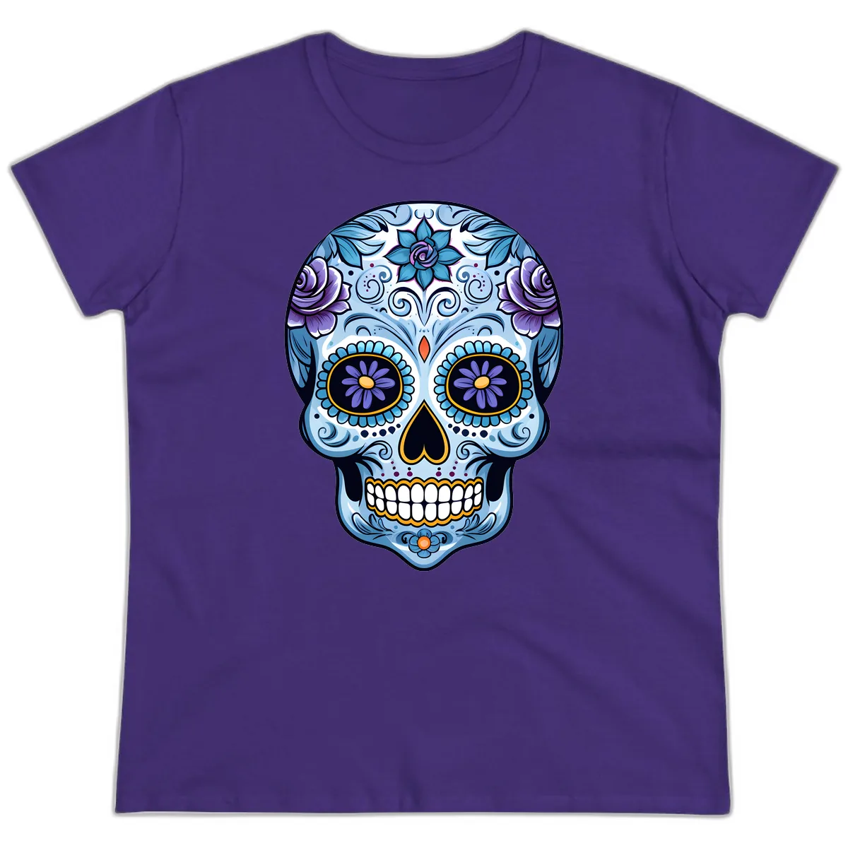 Ornate Blue and Purple Floral Calavera Sugar Skull Ladies Tee in Purple
