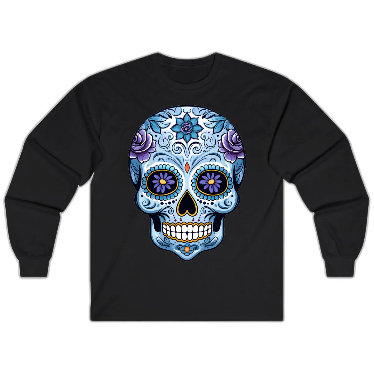 Ornate Blue and Purple Floral Calavera Sugar Skull Long Sleeve in Black