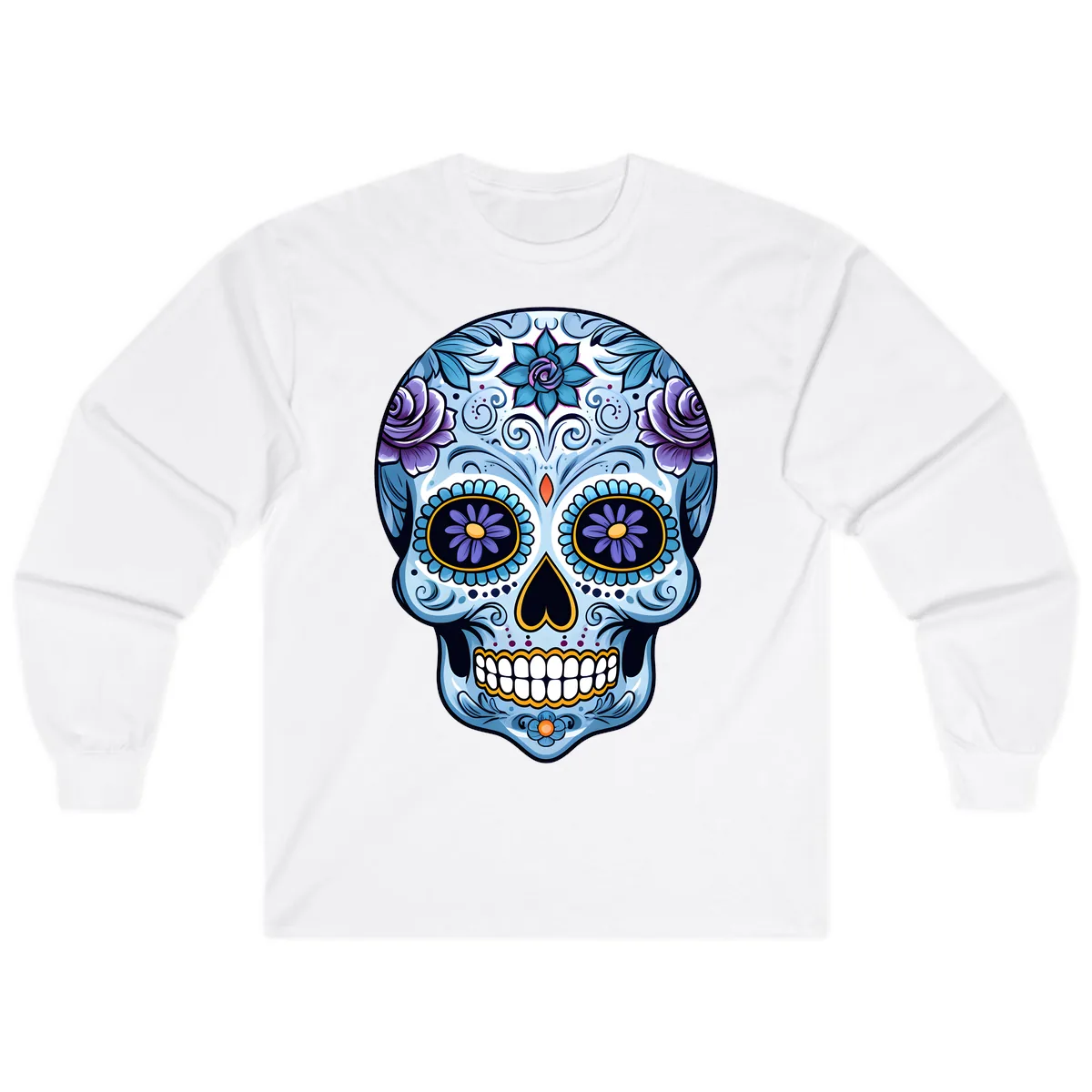 Ornate Blue and Purple Floral Calavera Sugar Skull Long Sleeve in White