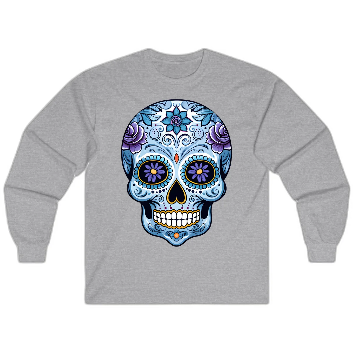 Ornate Blue and Purple Floral Calavera Sugar Skull Long Sleeve in Sport Grey