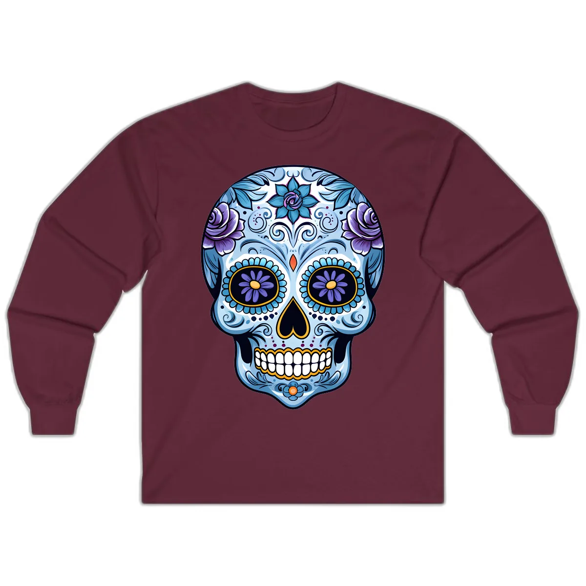 Ornate Blue and Purple Floral Calavera Sugar Skull Long Sleeve in Maroon